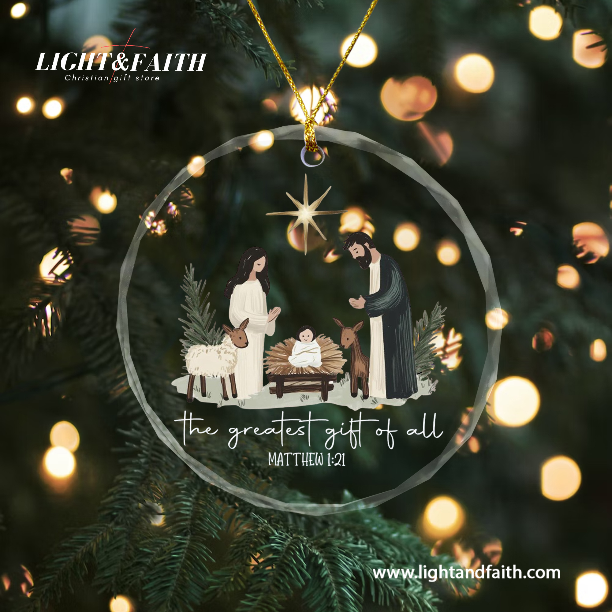 The Greatest Gift of All Glass Ornament, Matthew 1:21 Nativity Scene Ornament, Holy Family Christmas Decor, Christian Faith Gift, Religious Tree Decoration DCLAF58